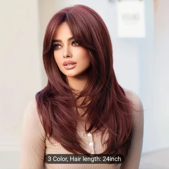 Burgundy Wig With Bangs 24 Inch Long Straight Burgundy Wig Layered - Picture 1 of 6